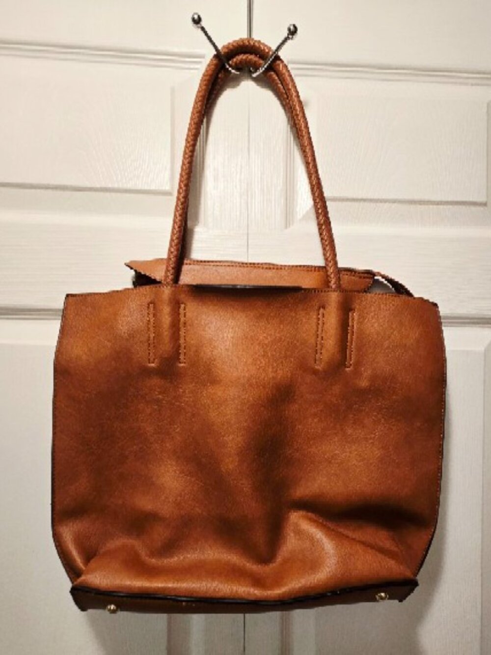 HY Women's 100% Faux Leather Zippered Top Tote Bag - Cognac - Size Large